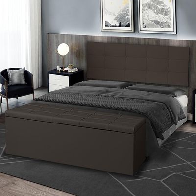 Kit Cabeceira Painel E Calçadeira Baú Casal 1,40m Roma Material Sintético Marrom Sky Mobile
