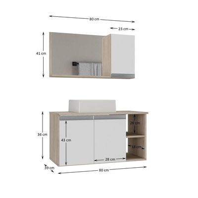 Conjunto Gabinete Banheiro Virtus 80cm - Gabinete + Cuba + Espelheira Madeirado Branco