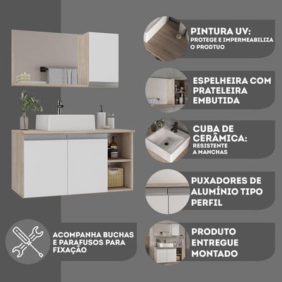 Conjunto Gabinete Banheiro Virtus 80cm - Gabinete + Cuba + Espelheira Madeirado Branco