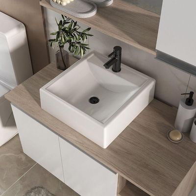 Conjunto Gabinete Banheiro Virtus 80cm - Gabinete + Cuba + Espelheira Madeirado Branco