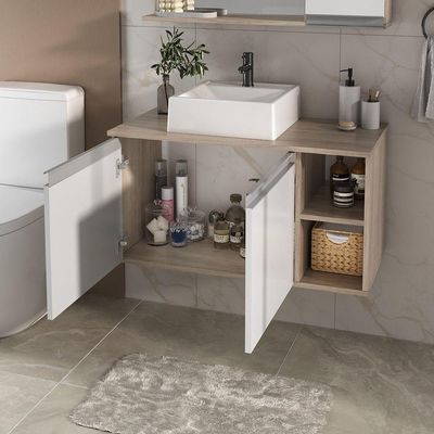 Conjunto Gabinete Banheiro Virtus 80cm - Gabinete + Cuba + Espelheira Madeirado Branco