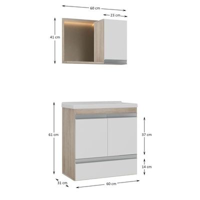 Conjunto Gabinete Banheiro Fox 60cm (gabinete + Cuba + Espelheira) Madeirado Branco