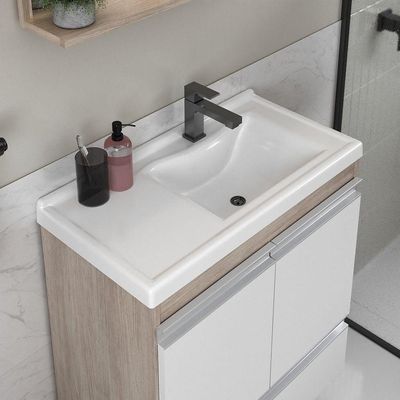 Conjunto Gabinete Banheiro Fox 60cm (gabinete + Cuba + Espelheira) Madeirado Branco