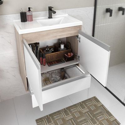 Conjunto Gabinete Banheiro Fox 60cm (gabinete + Cuba + Espelheira) Madeirado Branco