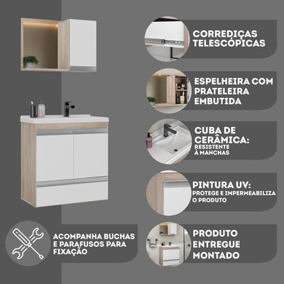 Conjunto Gabinete Banheiro Fox 60cm (gabinete + Cuba + Espelheira) Madeirado Branco