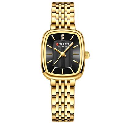 Relógio De Pulso Quartzo Feminino Design Elegante Strass Pulseira Em Aço Inoxidavel Preto Dourado