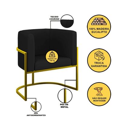 Kit 2 Poltronas + Sofá 2 Lugares Base De Metal Gold Corino Preto