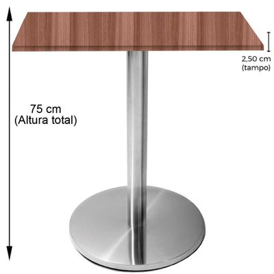 Mesa Beta Inox 75 Cm altura Disco Redondo Tampo Mdp Quadrado 80 Cm Largura X 2,50 Cm Altura Walnut