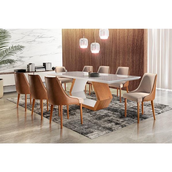 Conjunto de Mesa de Jantar Ane Off White e 8 Cadeiras Estofadas Esmeralda II Linho Caramelo e Bege