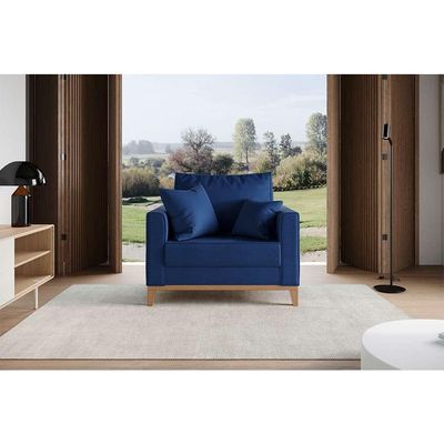 Poltrona Beny Pés e Base em Madeira Linho Cotton Azul Marinho