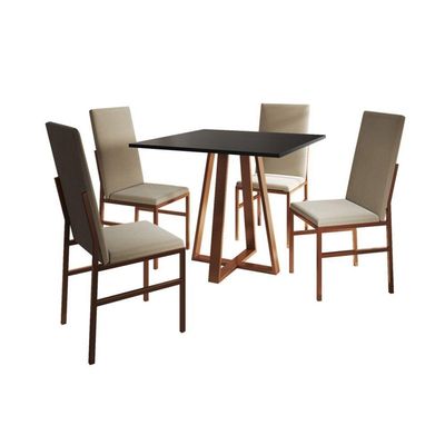Conjunto De Jantar Mesa Mônaco Premium 90cm Preta Com 4 Cadeiras Estofadas Bege Base Cobre Preto