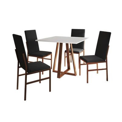 Conjunto De Jantar Mesa Mônaco Premium 90cm Branca Com 4 Cadeiras Estofadas Pretas Base Cobre Preto
