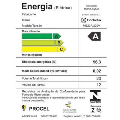 Forno de Micro-ondas Electrolux Efficient ME23P com Descongelamento Assistido - 23L Preto / 110V