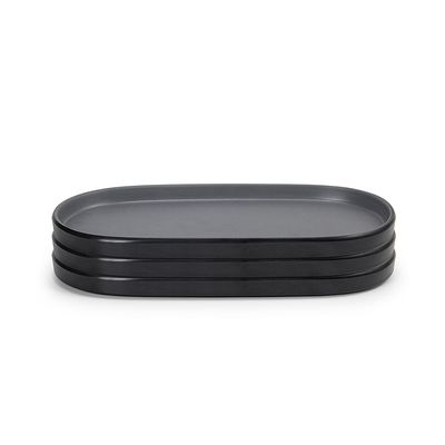 Petisqueira Prato Oval Preto Cinza Melanina Kit 3un de 23cm