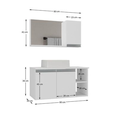 Conjunto Gabinete Banheiro Virtus 80cm - Gabinete + Cuba + Espelheira Branco Inteiro
