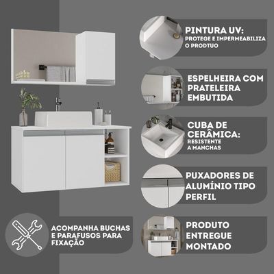 Conjunto Gabinete Banheiro Virtus 80cm - Gabinete + Cuba + Espelheira Branco Inteiro