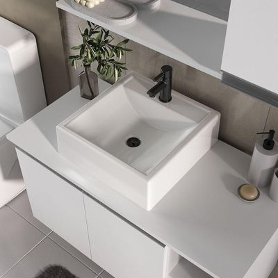 Conjunto Gabinete Banheiro Virtus 80cm - Gabinete + Cuba + Espelheira Branco Inteiro