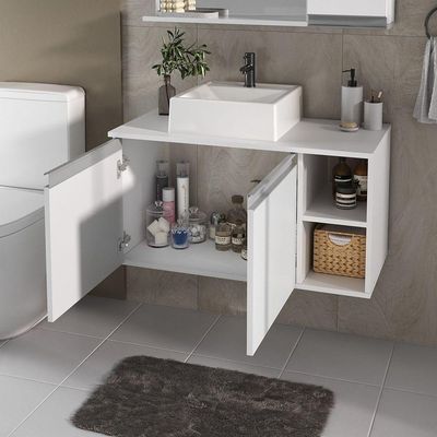 Conjunto Gabinete Banheiro Virtus 80cm - Gabinete + Cuba + Espelheira Branco Inteiro