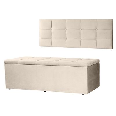 Kit Cabeceira Painel E Calçadeira Baú King 1,95m Roma Suede Bege Sky Mobile