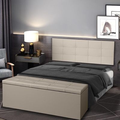 Kit Cabeceira Painel E Calçadeira Baú King 1,95m Roma Suede Bege Sky Mobile