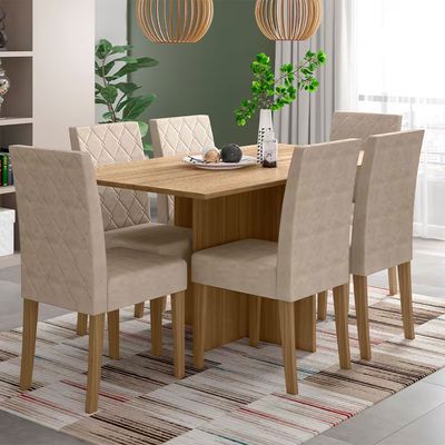 Conjunto de Mesa de Jantar Poliman Helo com 6 Cadeiras - 160 cm de Largura Bege