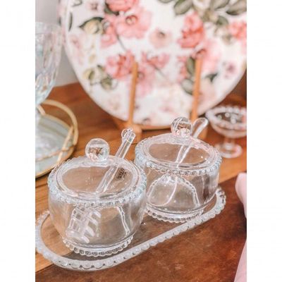 Combo Açucareiro + Meleira + Travessa Pearl Bolinha Wolff Transparente