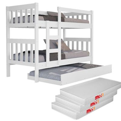 Beliche Infantil Com Cama Auxiliar Mdf Reforçado Cor Branco Vira 2 Camas Com 3 Colchões Inclusos