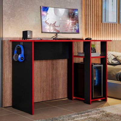 Mesa Computador Gamer 108 Cm Slim Com Suporte SSX Multicoisas Preto Vermelho