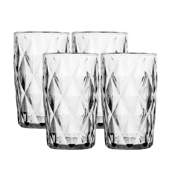 Conjunto 4 Copos de Vidro Diamond Transparente Alto Grande 350ML Linha Cristal Luxo Elegante