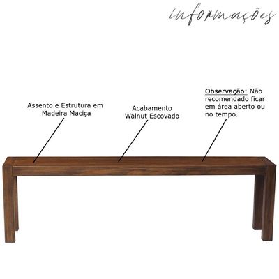 Banco Decorativo para Varanda Cozinha Dumai 120cm Madeira Maciça Walnut Escovado - Gran Belo
