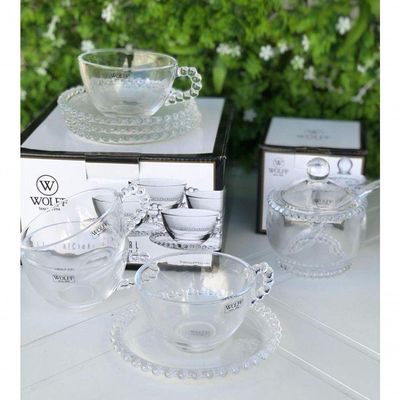 Combo 4 Xícaras 180 Ml Com Pires + 1 Açucareiro Pearl Bolinha Wolff Transparente