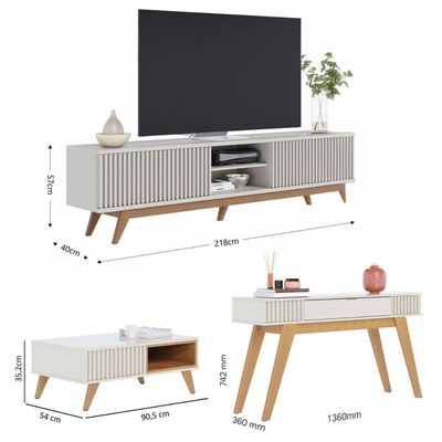 Kit Sala de Estar Completo Rack Para TV Mesa de Centro Aparador Off White Freijó 3 Peças Colibri