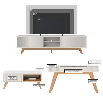 Kit Sala de Estar Completo Rack Para TV Mesa de Centro Aparador Off White Freijó 3 Peças Colibri