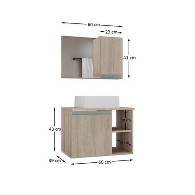 Conjunto Gabinete Banheiro Virtus 60cm - Gabinete + Cuba + Espelheira Madeirado Inteiro