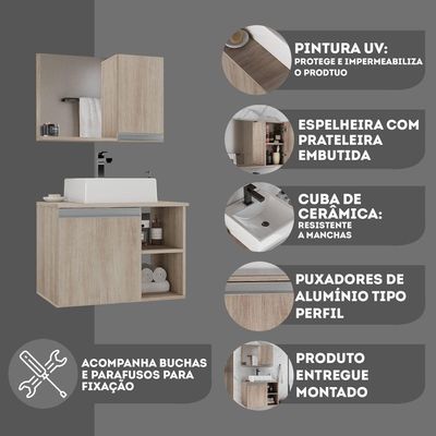 Conjunto Gabinete Banheiro Virtus 60cm - Gabinete + Cuba + Espelheira Madeirado Inteiro