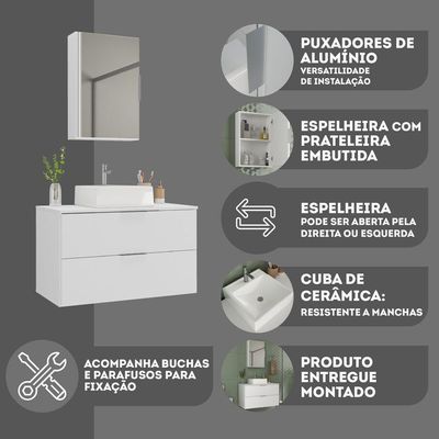 Conjunto Gabinete Banheiro Rubi 80cm - Gabinete + Cuba + Espelheira Branco Inteiro