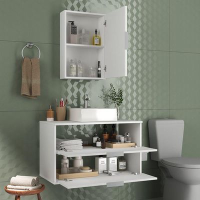 Conjunto Gabinete Banheiro Rubi 80cm - Gabinete + Cuba + Espelheira Branco Inteiro