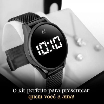 Relogio Feminino Digital Aço Preto Brincos Caixa Colar