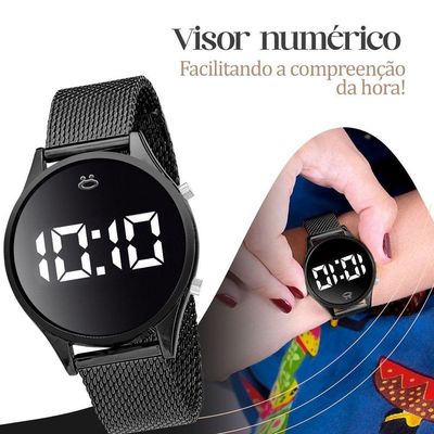 Relogio Feminino Digital Aço Preto Brincos Caixa Colar