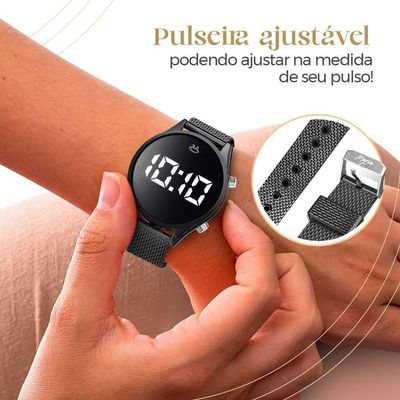 Relogio Feminino Digital Aço Preto Brincos Caixa Colar