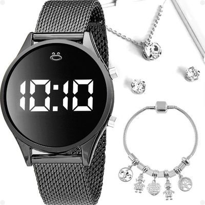 Relogio Feminino Digital Aço Preto Brincos Caixa Colar