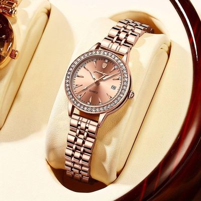 Relógio De Quartzo Elegante Para Mulheres Luxo Com Strass Pulseira De Aço Inoxidável Ouro Rosa Ouro