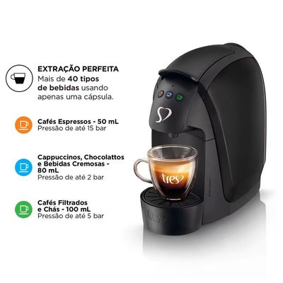 Máquina de Café Espresso 3 Corações Luna Automática 600ml Preto / 110V