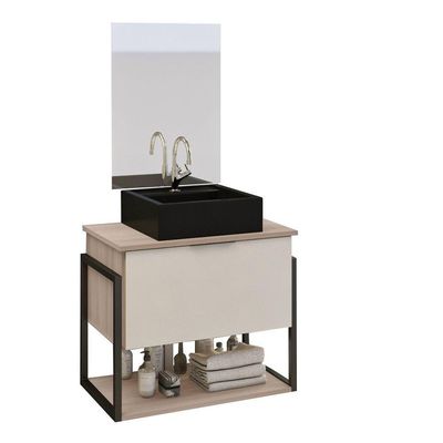 Conjunto Tech 60cm Madeirado Branco Cuba Preta