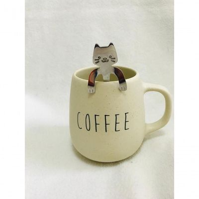 Caneca Bojuda Bege Colher Gatinho Coffee