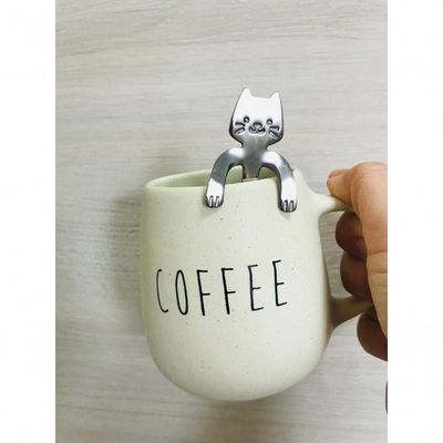 Caneca Bojuda Bege Colher Gatinho Coffee