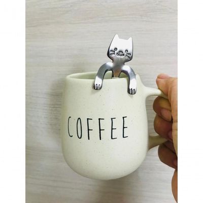 Caneca Bojuda Bege Colher Gatinho Coffee