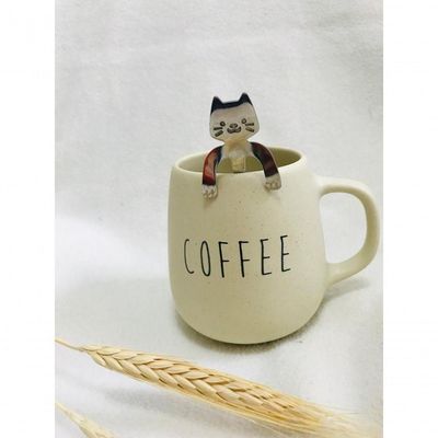 Caneca Bojuda Bege Colher Gatinho Coffee