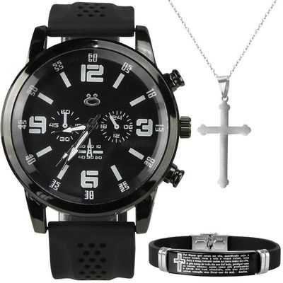 Relogio Masculino Aço Preto + Colar Crucifixo + Pulseira Prata Pesado Robusto Ajustavel Social