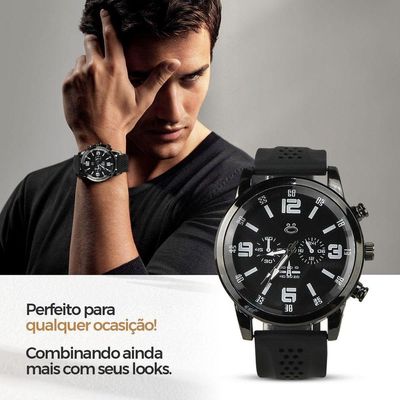 Relogio Masculino Aço Preto + Colar Crucifixo + Pulseira Prata Pesado Robusto Ajustavel Social